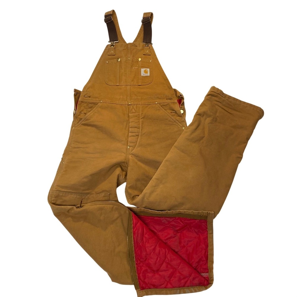 Carhartt Insulated Bib Overalls Brown Duck Quilt Lined Full Zip Legs 46x30 Est‎